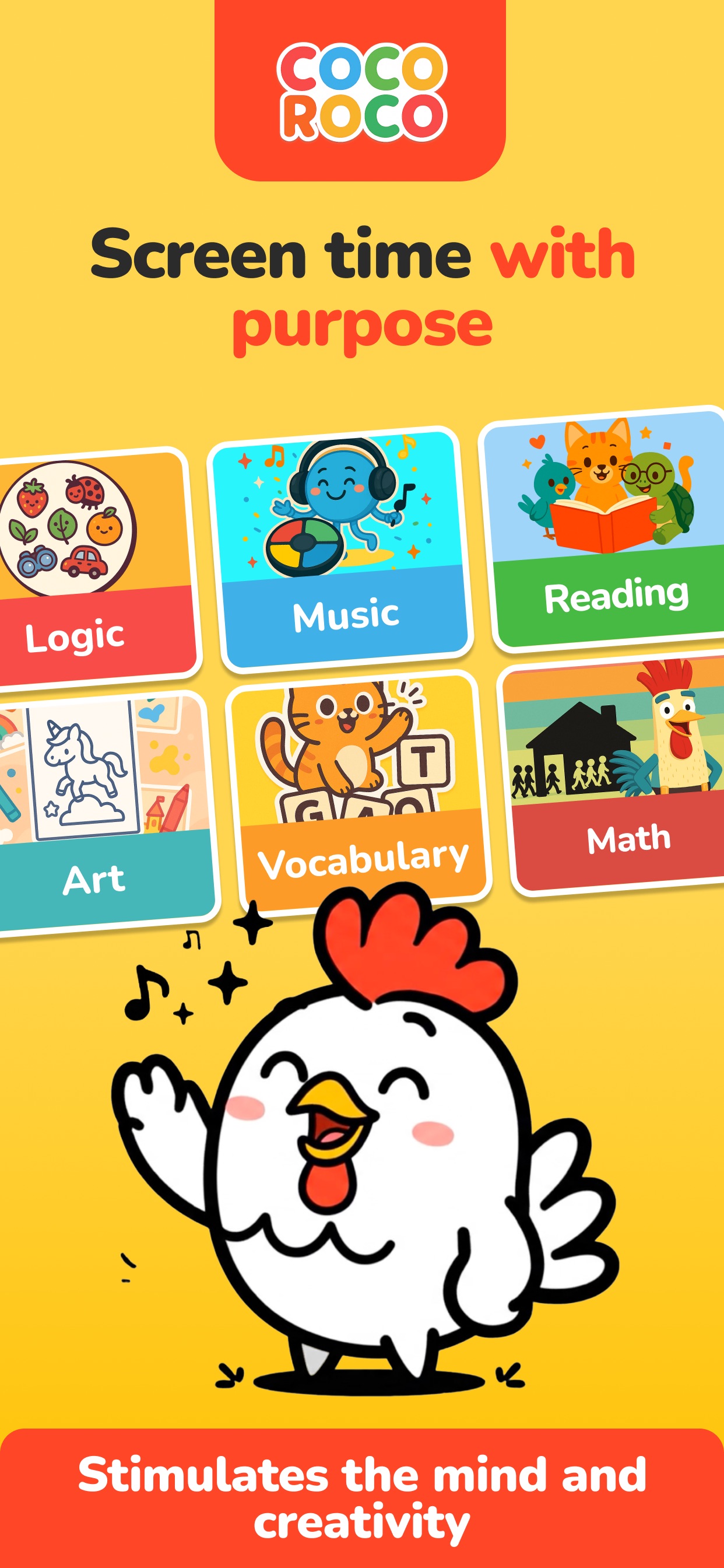 Coco Roco home screen with daily activity categories: Logic, Music, Reading, Art, Vocabulary, Math.