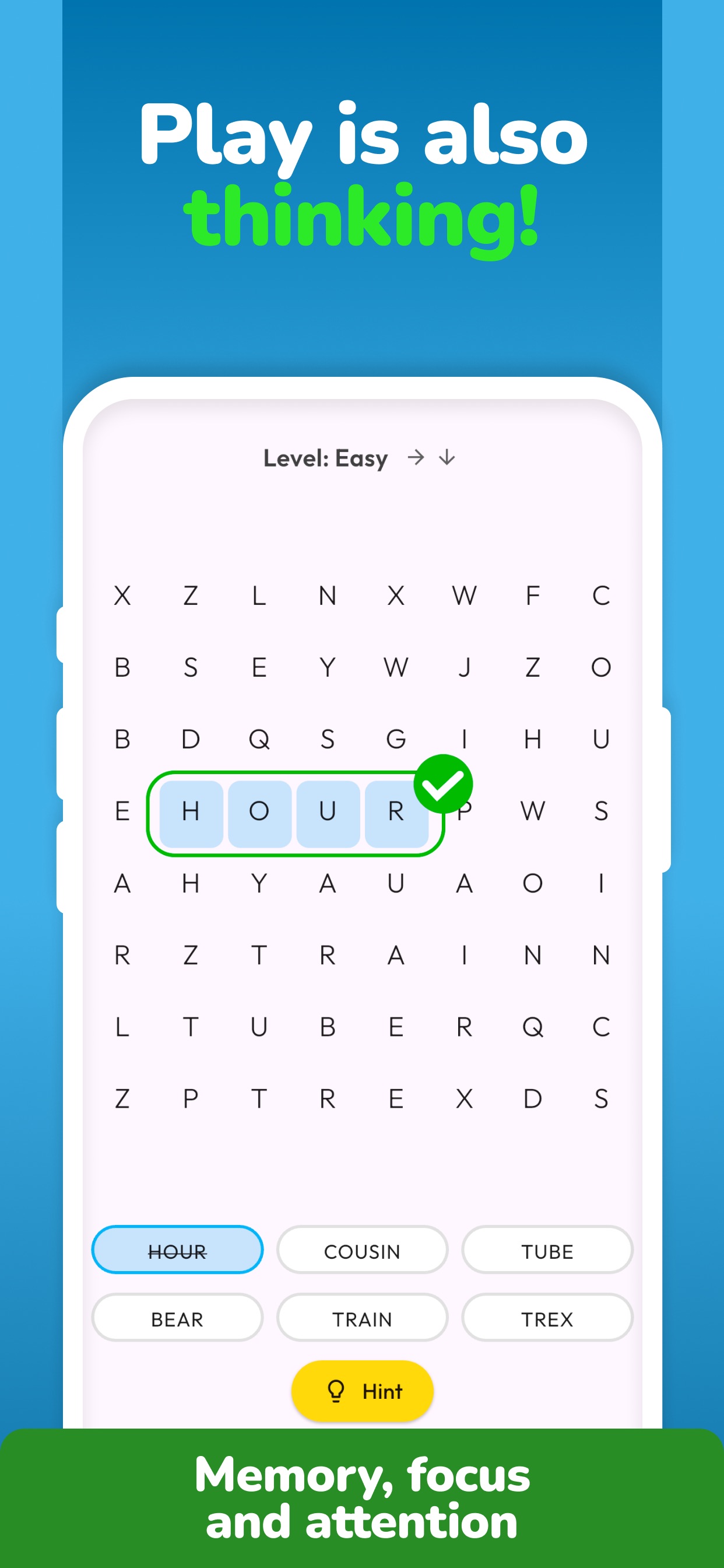 Word search game in Coco Roco — building memory, focus, and attention.