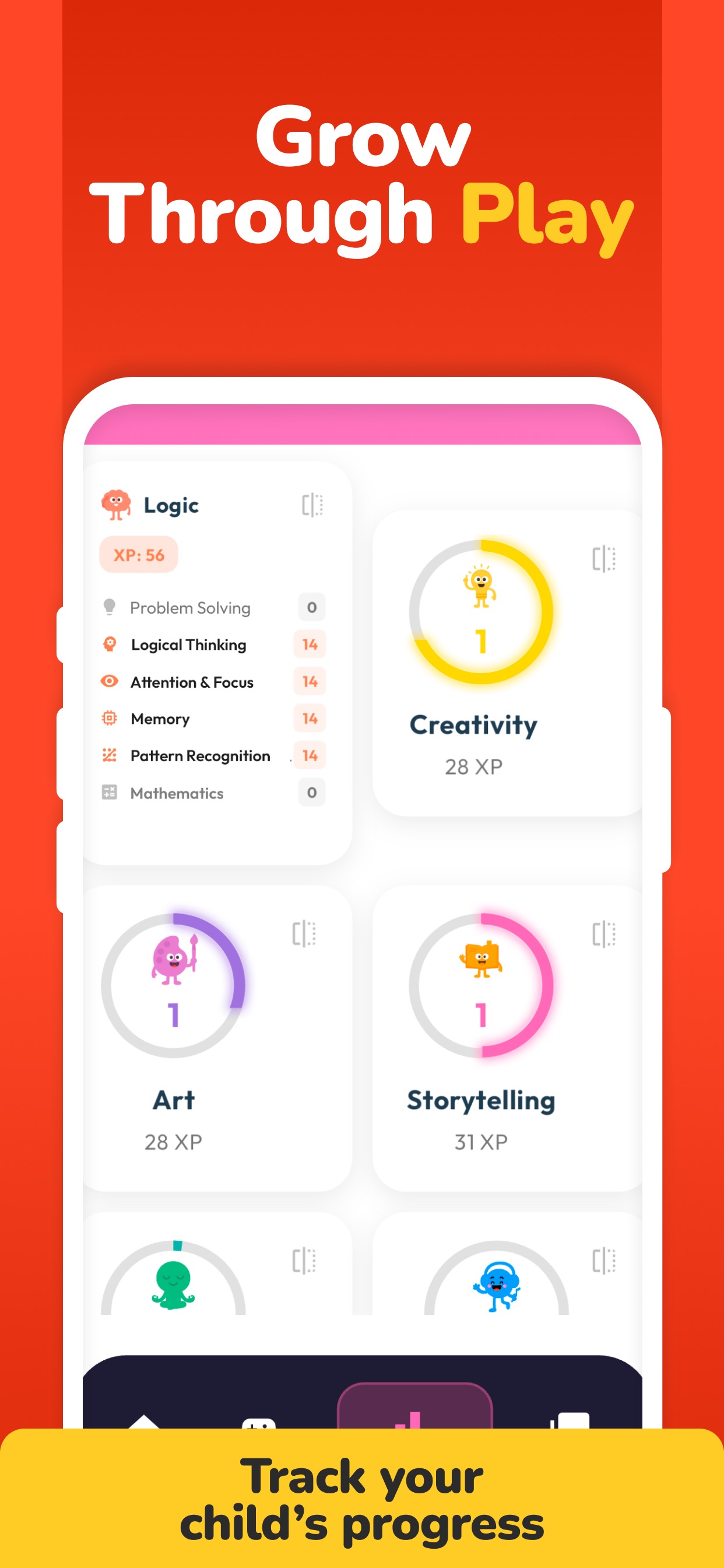 Progress dashboard tracking growth across Logic, Creativity, Art, and Storytelling.